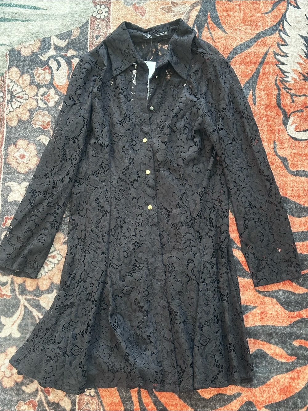 Zara Black Lace Button-Front Long-Sleeve Dress